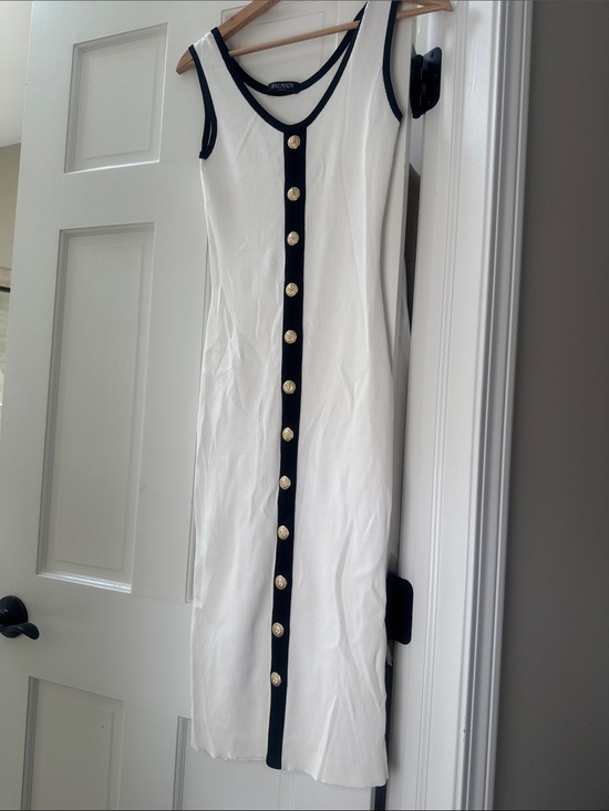 Balmain Dresses & Skirts - Balmain White Midi Tank Dress with Black Trim and Gold Buttons
